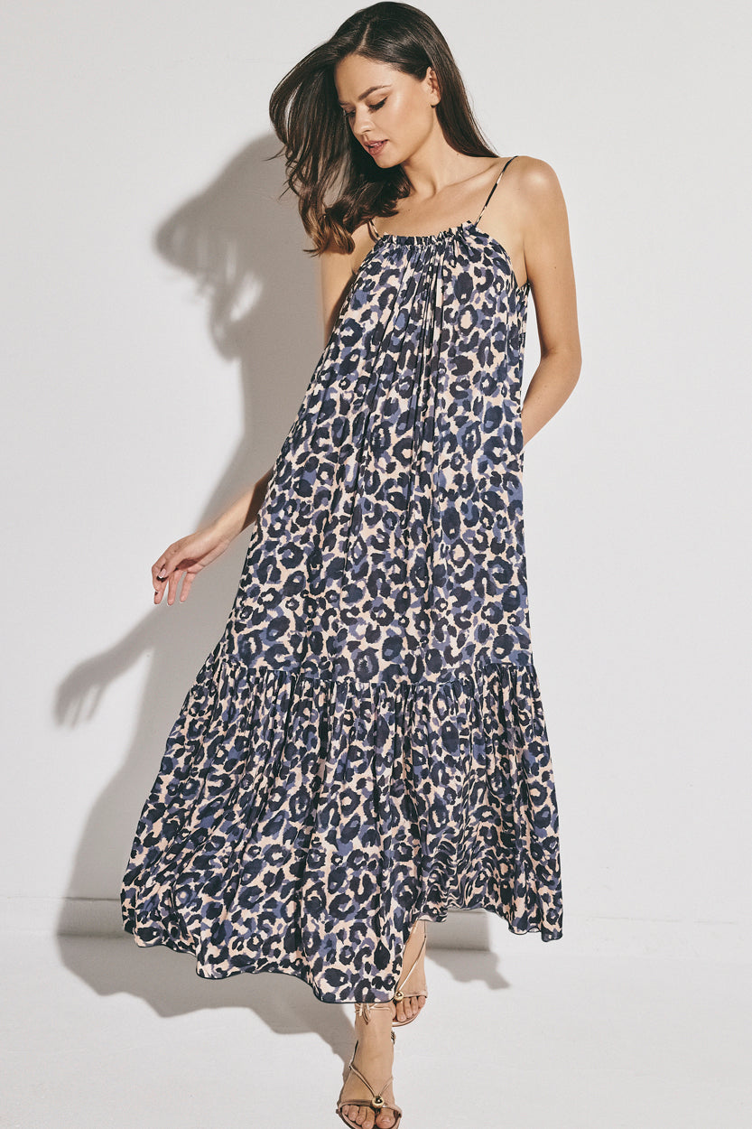 Model wearing light blue maxi dress