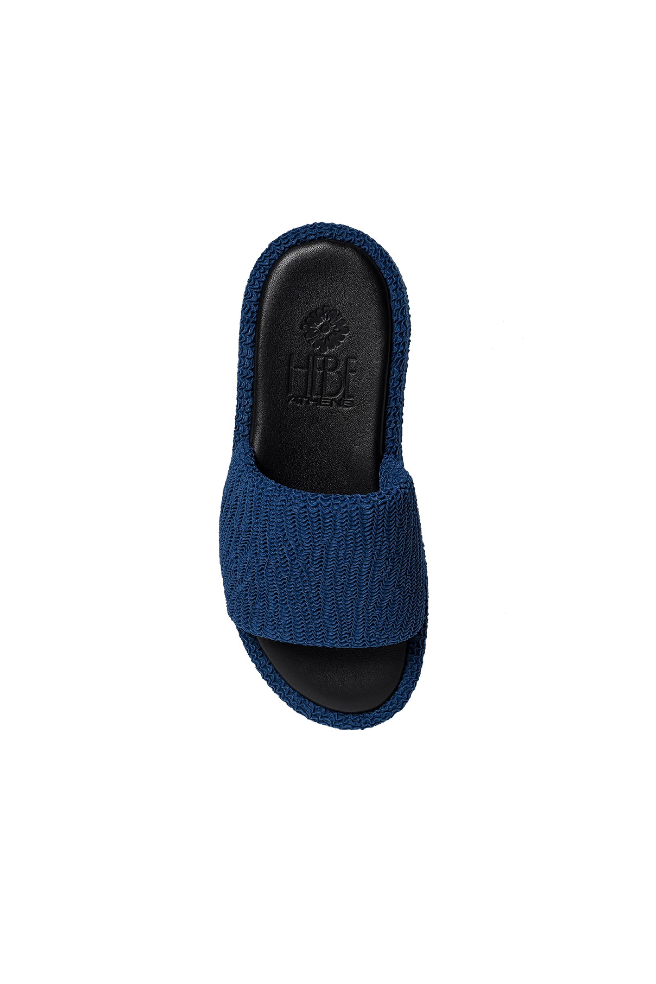 Top view of blue Hebe Athens platform slides shoes