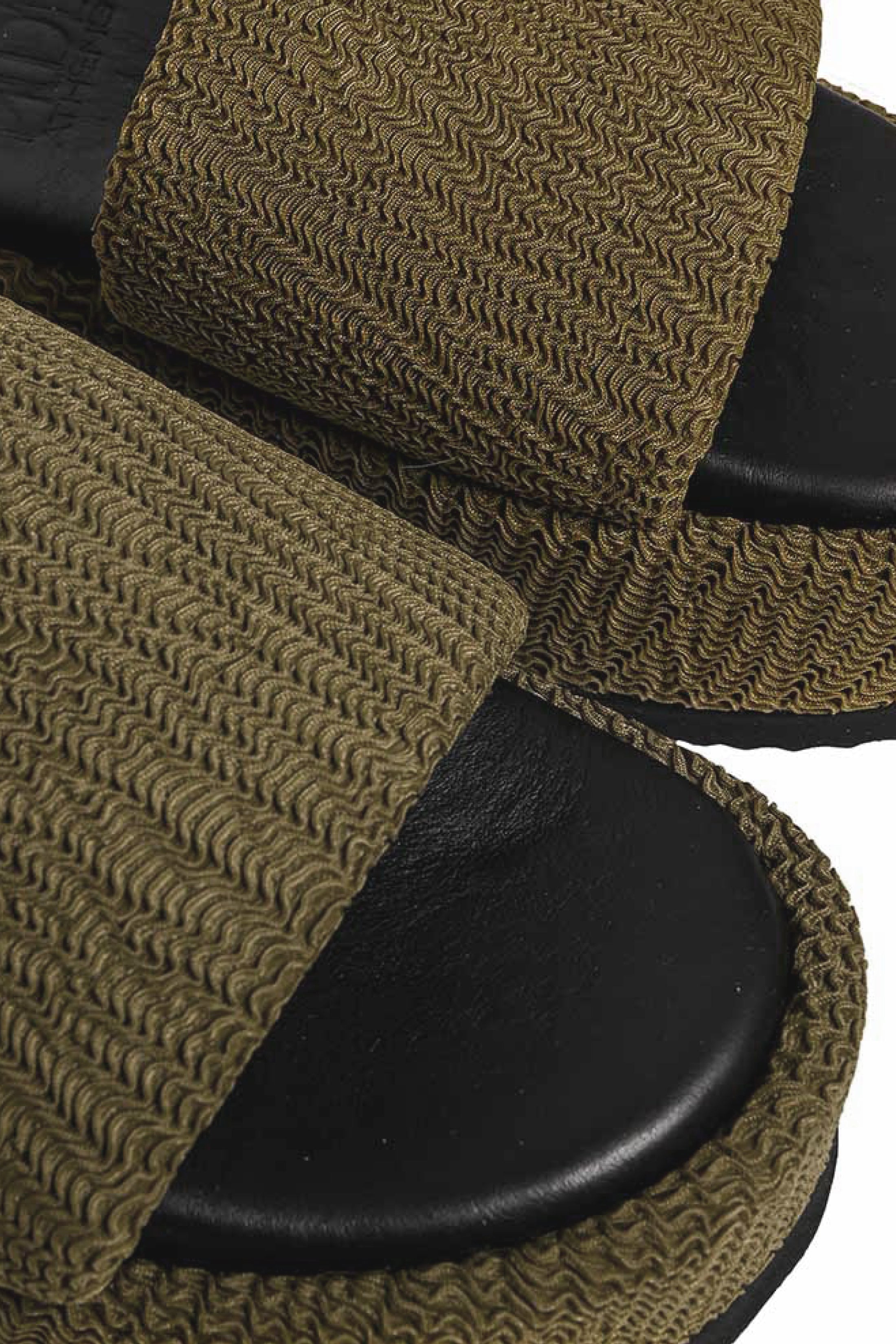 Closeup of khaki platform slide shoes