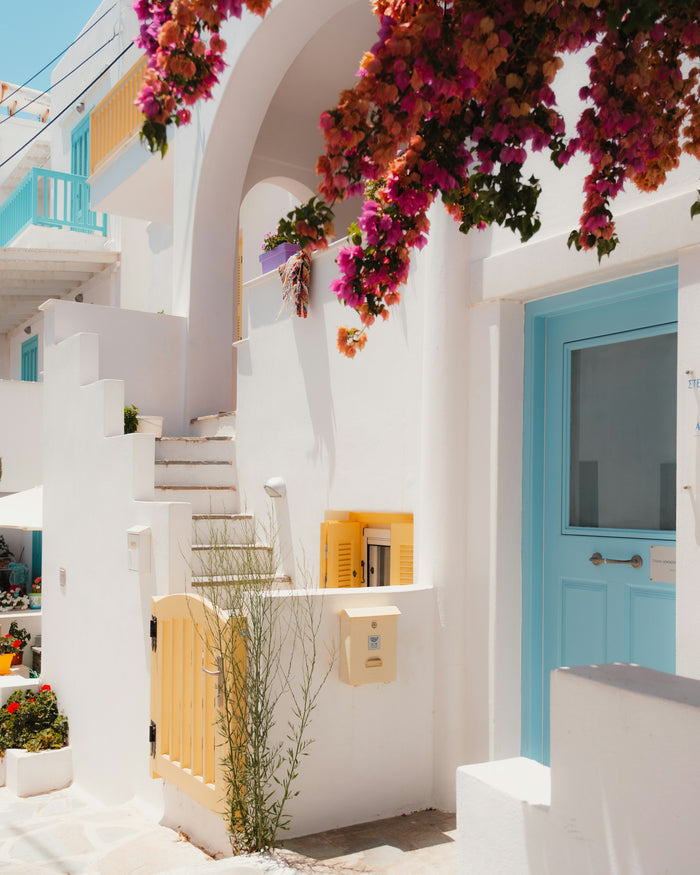 Harbourfront scene at golden hour on a Greek island